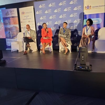 During Panel Discussion from left: GPF Acting CFO Mr Godfrey Mathabathe, GPF CEO Ms Lindiwe Kwele, Gauteng Department of Human Settlements’ Acting DDG in Programme Management, Ms. Phumzile Maseko Seipobi and the Chief Investment Officer Ms Leah Manenzhe